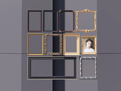 Assorted Photo Frames Featuring Gold Black Carved Designs And A Portrait 3d model