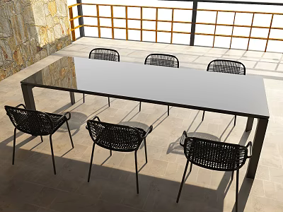 Outdoor Long Table and Chair Set with White Tabletop Black Chairs Stone Wall and Railings 3d model