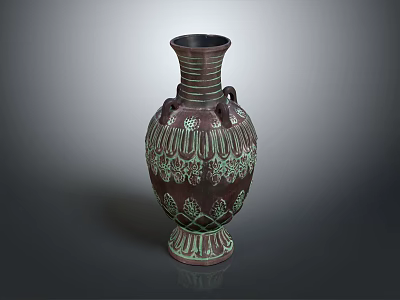 Elegant Brown Green Vase Furniture With Intricate Decorative Patterns And Handles 3d model