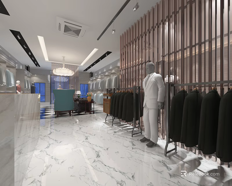 Modern Clothing Store Interior With Marble Floor Chandelier Mannequin And Clothes On Racks 3d model 