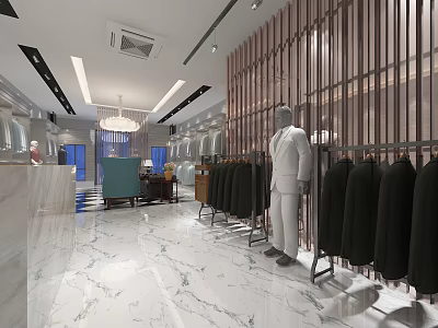 Modern Clothing Store Interior With Marble Floor Chandelier Mannequin And Clothes On Racks 3d model
