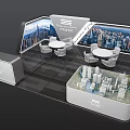 Modern Exhibition Booth Design With Large Screen Round Tables And City Model