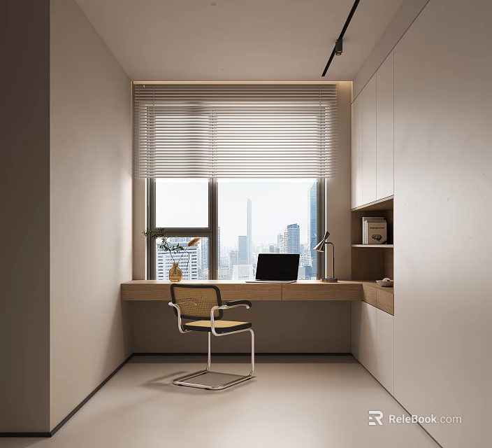 Modern Study Room Interior With Window Blinds Wooden Desk Chair And City View 3d model 