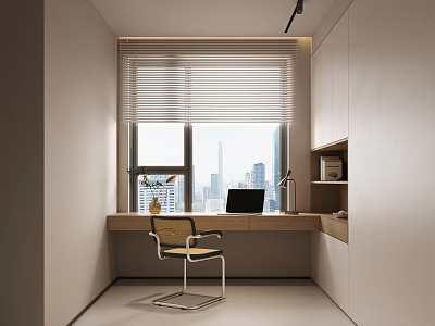 Modern Study Room Interior With Window Blinds Wooden Desk Chair And City View 3d model