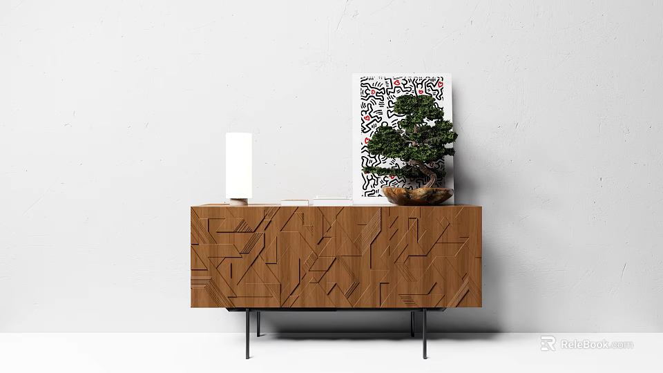 Modern Wooden Entryway Console Cabinet With Geometric Textured Design And Bonsai Plant Decor 3d model 
