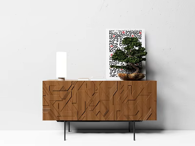 Modern Wooden Entryway Console Cabinet With Geometric Textured Design And Bonsai Plant Decor 3d model