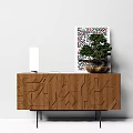 Modern Wooden Entryway Console Cabinet With Geometric Textured Design And Bonsai Plant Decor