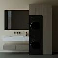 Modern Bathroom Cabinet With Wall Mirror Sink And Stacked Washing Machines
