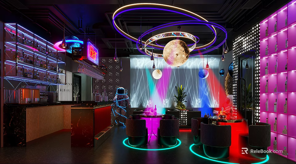 Modern Stylish Bar Interior With Neon Lights Circular Decor Moon Chandelier And Colorful Seating 3d model 