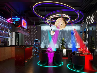 Modern Stylish Bar Interior With Neon Lights Circular Decor Moon Chandelier And Colorful Seating 3d model