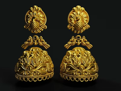 Handcrafted Golden Earrings With Intricate Patterns Decorative Bird Motifs And Bell Shaped Design 3d model