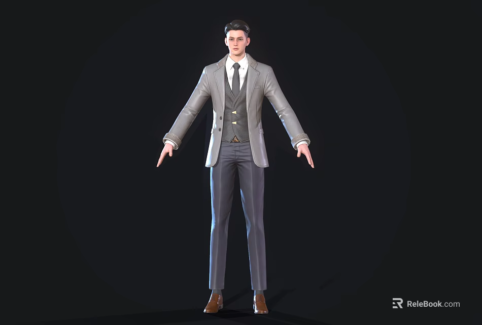A Man Wearing Grey Suit White Shirt And Tie With Extended Hands Against Black Background 3d model 