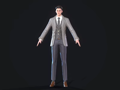 A Man Wearing Grey Suit White Shirt And Tie With Extended Hands Against Black Background 3d model