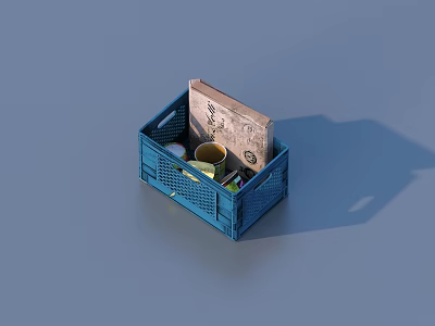 Organized Daily Necessities Storage in Blue Plastic Basket with Magazine Yellow Cup and Colorful Pens 3d model