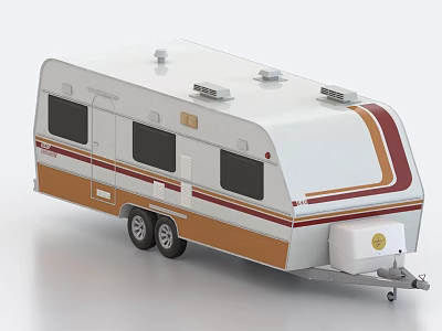 Modern White Travel Trailer Caravan Featuring Brown Red Stripes Windows Roof Gear And Rear Storage 3d model