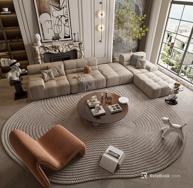 Modern Living Room With Plush L Shaped Sofa Circular Coffee Table And Soft Pillows 3d model 