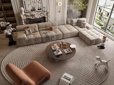 Modern Living Room With Plush L Shaped Sofa Circular Coffee Table And Soft Pillows 3d model
