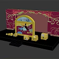 Cartoon Stage Scene With Red Curtain Golden Decorations Arch Window And Golden Boxes In Front