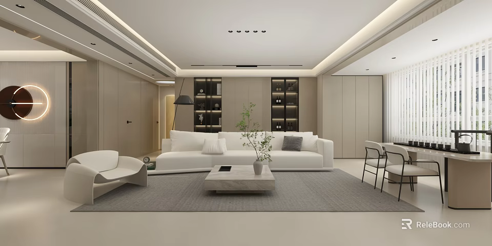Modern Minimalist Neutral Toned Open Plan Living And Dining Room Interior Design With Cozy Furniture 3d model 