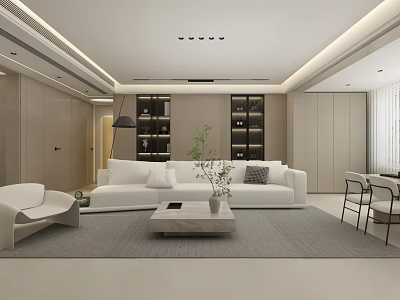Modern Minimalist Neutral Toned Open Plan Living And Dining Room Interior Design With Cozy Furniture 3d model