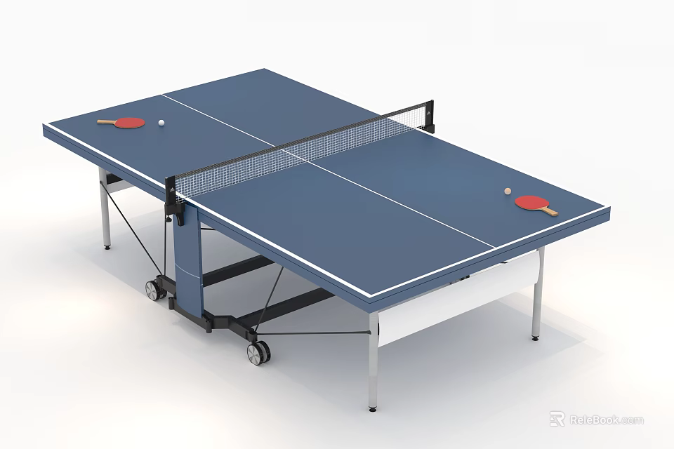 Portable Ping Pong Table Sports Equipment With Blue Tabletop Paddles And Ball On Wheels 3d model 
