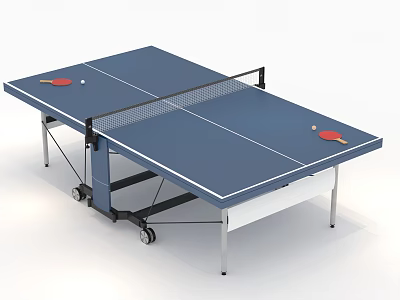 Portable Ping Pong Table Sports Equipment With Blue Tabletop Paddles And Ball On Wheels 3d model