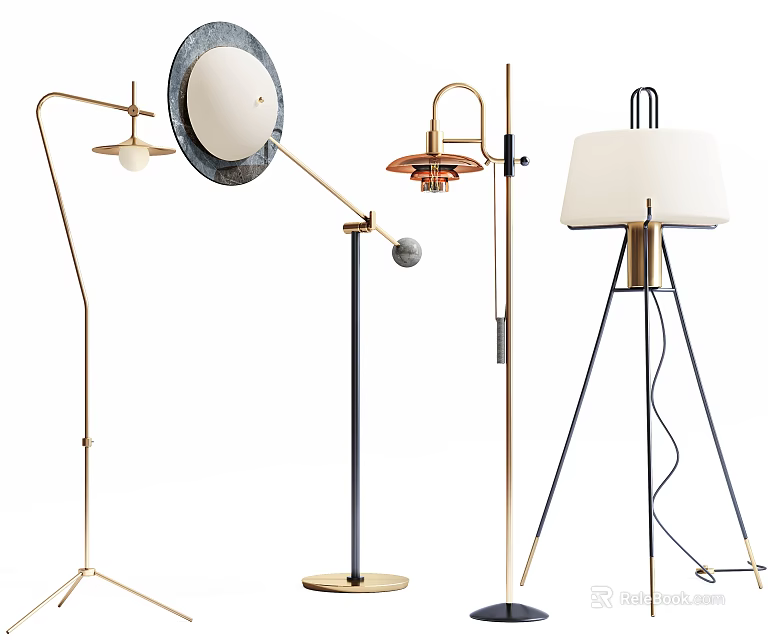 Stylish Modern Floor Lamps With Metal Frames Fabric Shades And Tripod Bases 3d model 