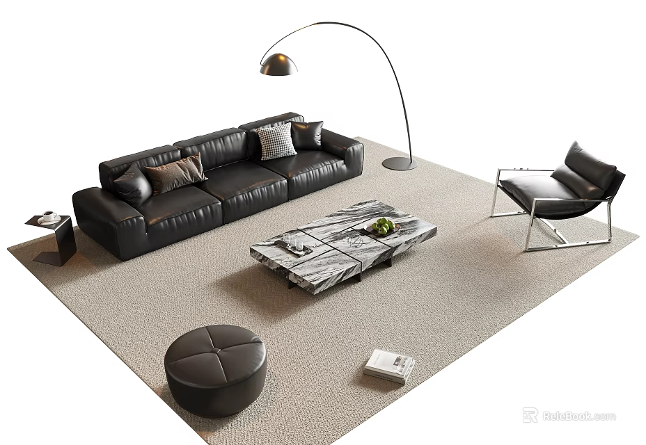 Modern Black Leather Sofa Coffee Table Set with Floor Lamp Chair Ottoman on Rug 3d model 
