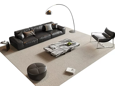 Modern Black Leather Sofa Coffee Table Set with Floor Lamp Chair Ottoman on Rug 3d model