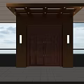Copper Double Entrance Door With Red Frame Awning Side Lights And Windows