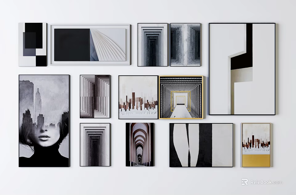 Abstract Paintings With Black White Geometric Patterns Architectural Lines And Gold Frame Accents 3d model