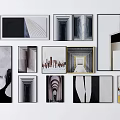 Abstract Paintings With Black White Geometric Patterns Architectural Lines And Gold Frame Accents 3d model