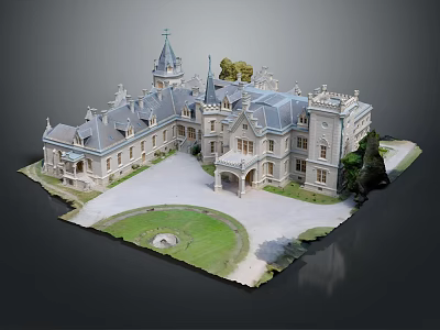 Ancient Architectural Building With Spires Towers Stone Exterior Courtyard And Green Lawn 3d model