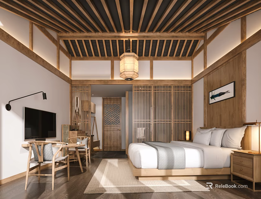 Chinese Style Hotel Guest Room With Wooden Ceiling Lantern Lighting And Screen Partition 3d model 
