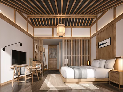 Chinese Style Hotel Guest Room With Wooden Ceiling Lantern Lighting And Screen Partition 3d model