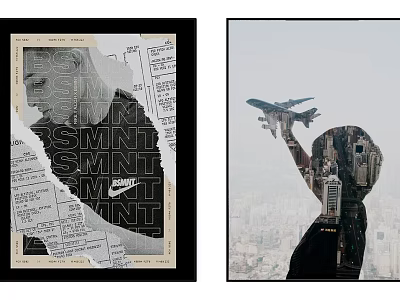 Contemporary Portrait Paintings With Silhouette Cityscape Airplane Text And Blueprint Collage Art 3d model