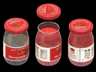 Strawberry Marmalade In Glass Jars With Red Spread Sealed And Open Containers 3d model
