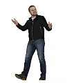 Man Standing With Arms Outstretched In Black Jacket Blue Jeans Brown Shoes Against Gray Background