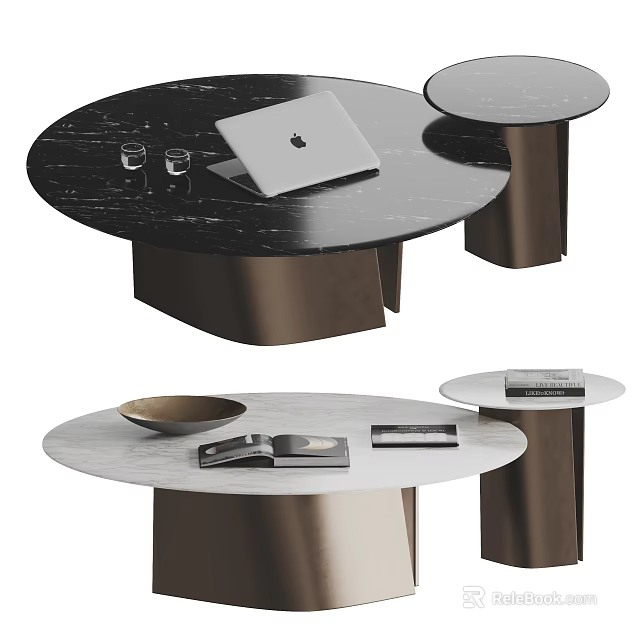Modern Marble Coffee Table with Metal Base and Laptop Magazines Glass Cups 3d model 