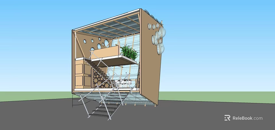Modern Detached Villa With Large Glass Walls Outdoor Staircase Green Plants And Hanging Decor 3d model 