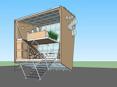 Modern Detached Villa With Large Glass Walls Outdoor Staircase Green Plants And Hanging Decor 3d model