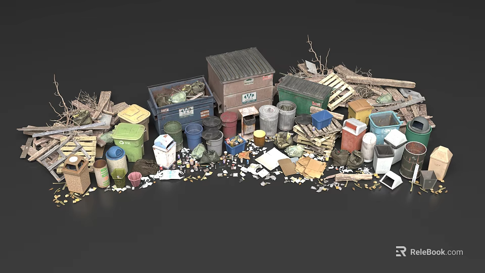 Public Facility Waste Sorting Station With Multiple Trash Bins And Recyclable Waste Items 3d model