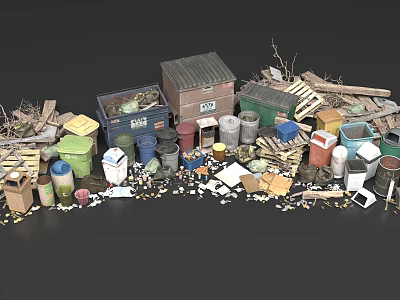 Public Facility Waste Sorting Station With Multiple Trash Bins And Recyclable Waste Items 3d model
