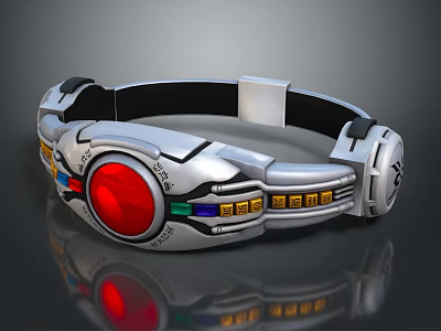 Fashionable Silver Bracelet With Red Gemstone Multi Colored Accents And Black Strap 3d model