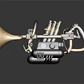 Shiny Golden Tires With Mechanical Engine And Metal Parts Design Structure