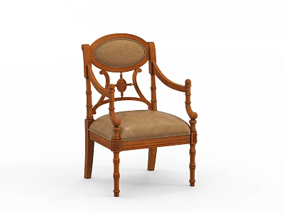 Classic Wooden Single Chair With Carved Armrests And Beige Upholstered Seat 3d model