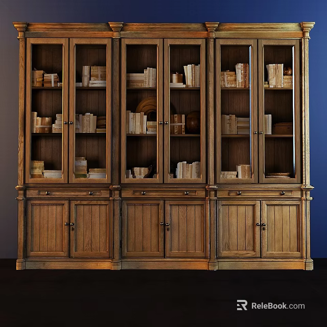 Vintage Style Wooden Bookcase With Glass Doors Multiple Shelves And Drawers Holding Books 3d model 
