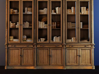 Vintage Style Wooden Bookcase With Glass Doors Multiple Shelves And Drawers Holding Books 3d model