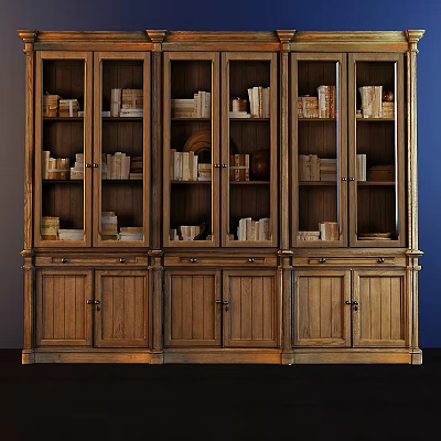 Vintage Style Wooden Bookcase With Glass Doors Multiple Shelves And Drawers Holding Books 3d model