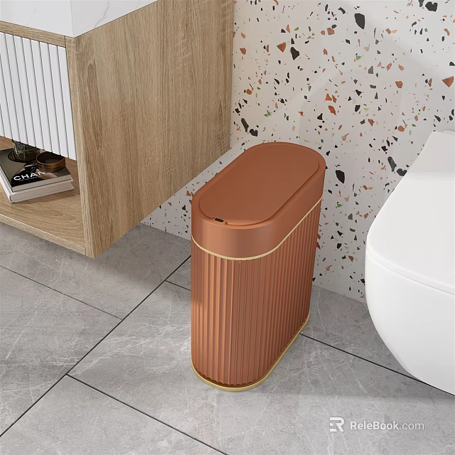 Public Facility With Brown Trash Can White Toilet Colorful Speckled Wall And Gray Tile Floor 3d model 
